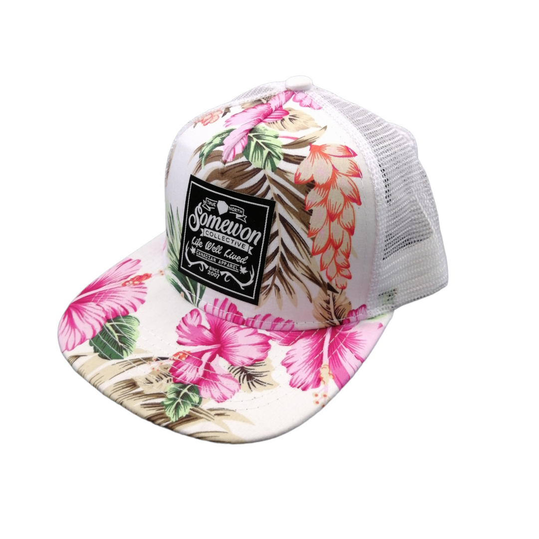 Kids trucker hat, pink and white florals, black Somewon logo
