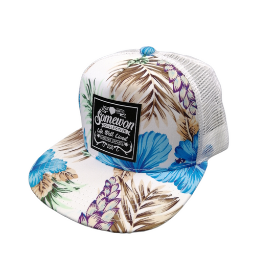 Kids hat, trucker, blue and white floral