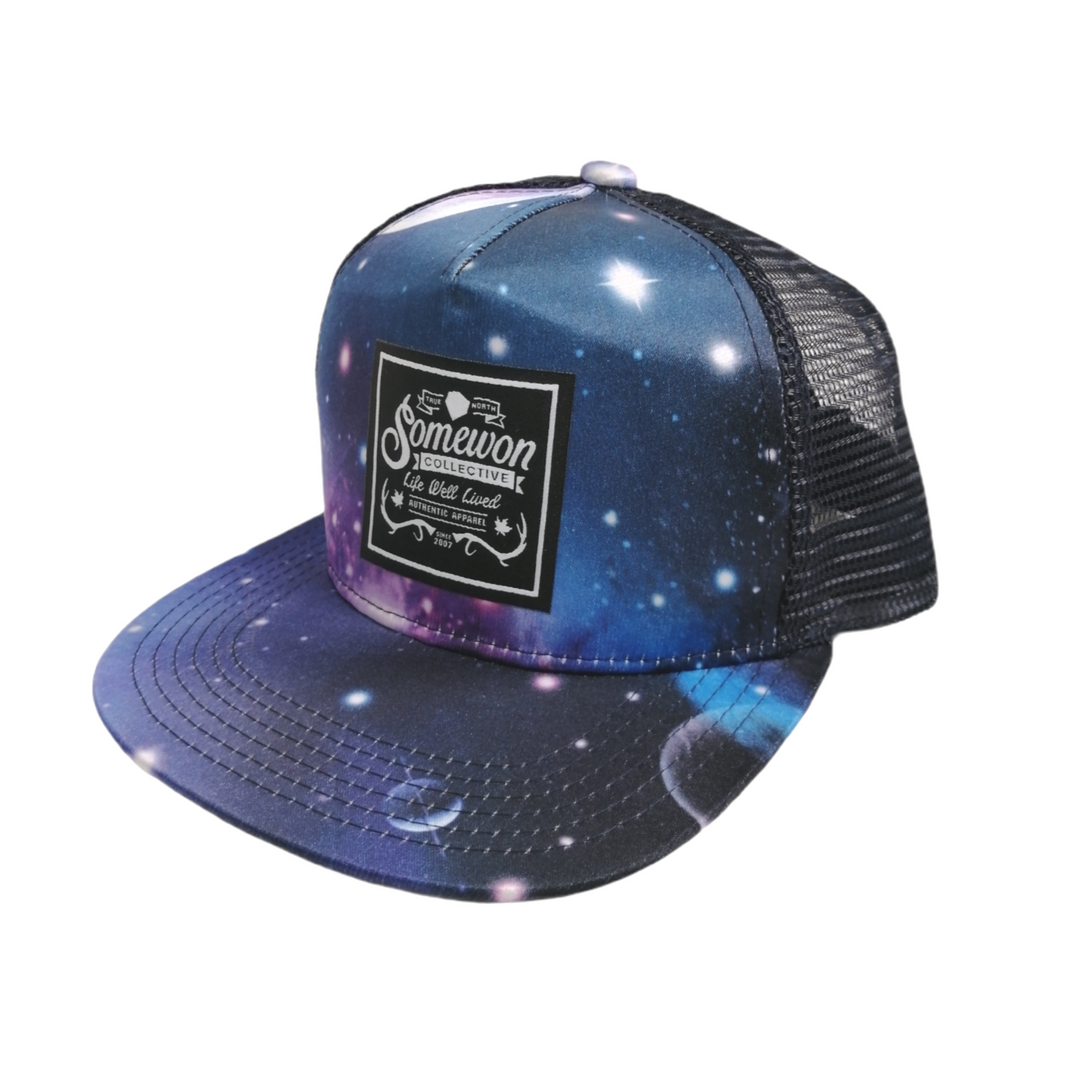 kids trucker hat, galaxy print, space. Black Somewon logo